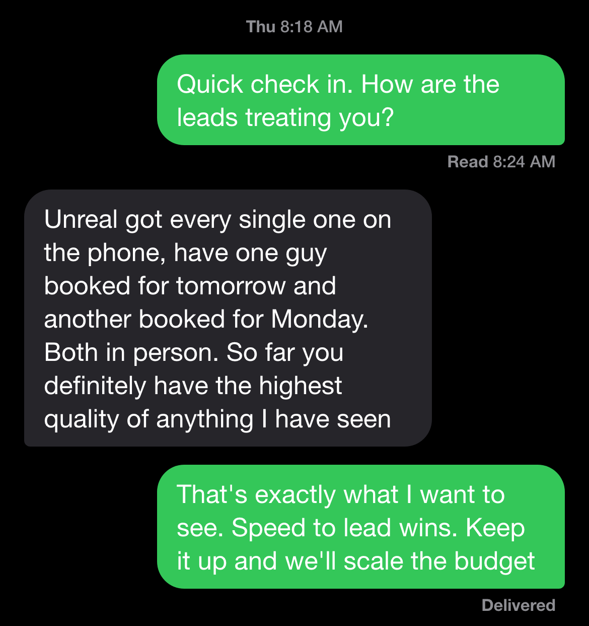 Text thread: every lead reached, two in-person appointments booked