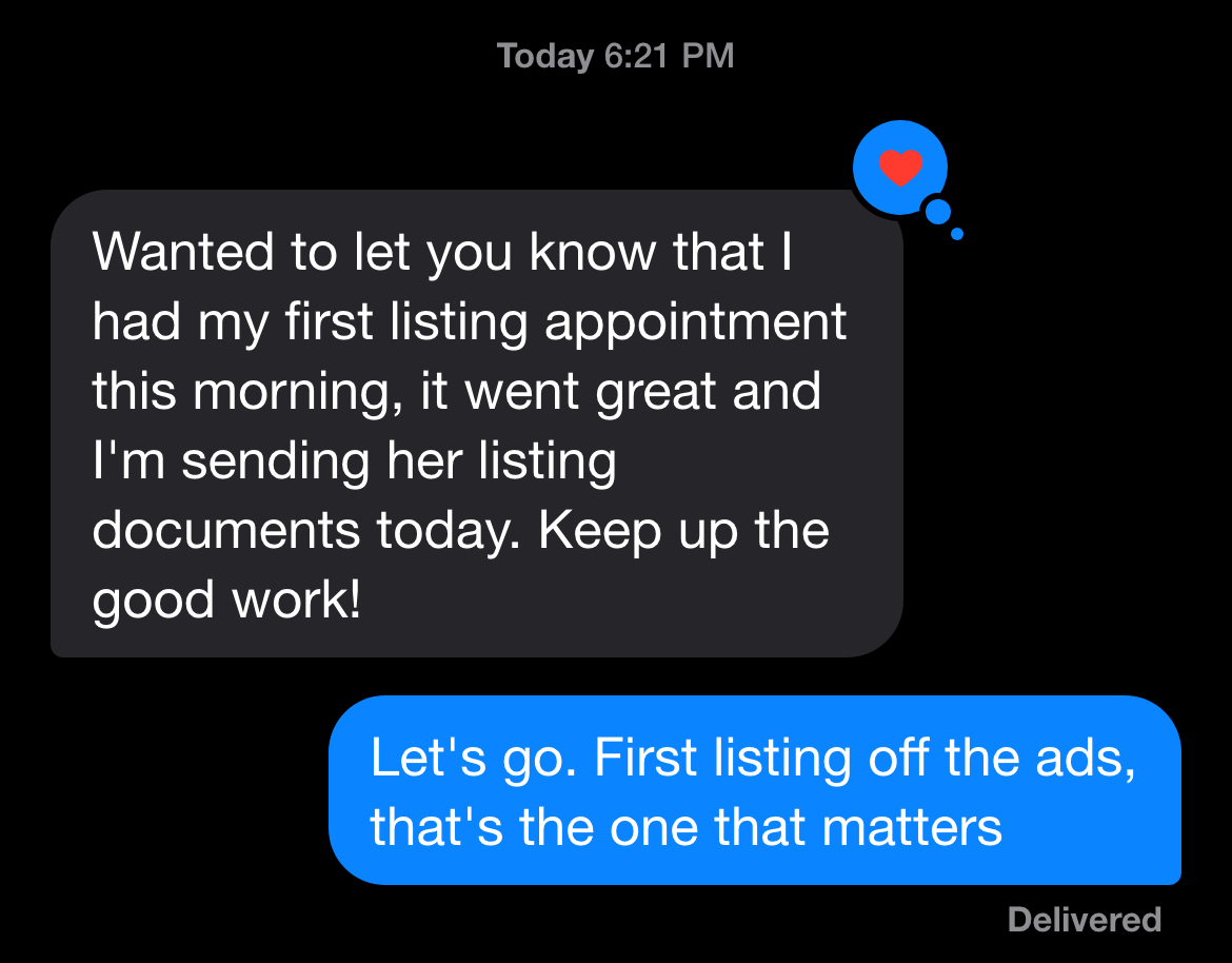 Text thread: first listing signed